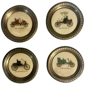 Hostess Pick Vintage Silver Plate Porcelain Car Coasters Set of Four